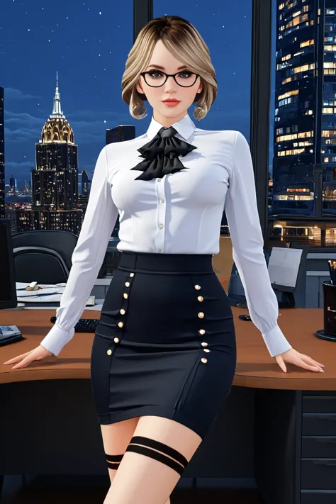 Genshin Impact Freena、 big breasts、 an urban, sophisticated, and sexy office lady poses attractively in the office。 She's wearing a tight white blouse and slightly buttoned shirt 、 A tight black skirt emphasizes a beautiful body line 。 wears black stocking...