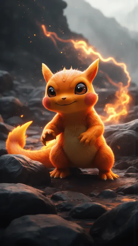 An ultra-realistic depiction of Charmander, a small fire lizard with bright orange, slightly rough and scaly skin, detailed with fine textures and subtle color variations. Its large, expressive eyes have a glossy, almost glass-like reflection, and its shar...