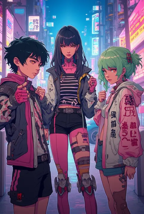 To do three young people,  A black-haired boy, a black-haired girl with emo style and a green-haired girl 
