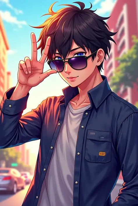 Create an image of a Senpai in anime mode wearing sunglasses and making the symbol of peace