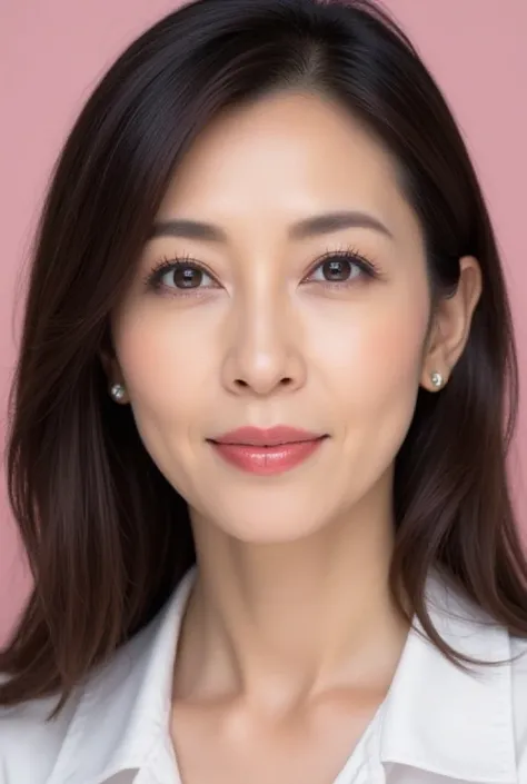 Close-up of a 52-year-old Japanese woman with modern beauty。Makeup recreates the Y2K trend of the early 2000s。Silver and lavender glitter eyeshadow sparkles around the eyes、Glossy pink lip gloss。Glass-like highlights on the skin accentuate its radiance。Lon...