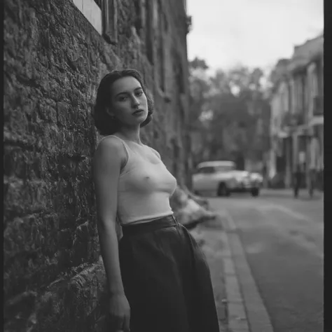 Cinematic black-and-white photography of a striking model in a 1950s-inspired outfit, featuring a sleeveless fitted top made of soft cotton or knit fabric, paired with high-waisted, wide-leg pants that highlight the classic elegance of the era. The model l...