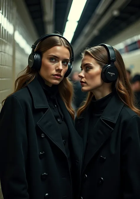 

campaign for prada, fashion editorial, portrait of couple in the subway, they are united by headphones,