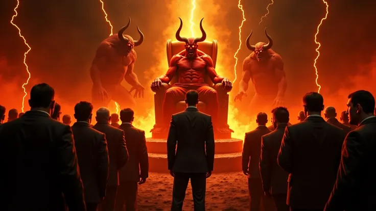 "A terrifying vision of hell, with a dark and flaming scene. Pastors and Christians are being judged by SATAN SITTING ON A THRONE with horns and fiery eyes, red skin, GOLD. In the center, a person IN A SUIT in shock observes the scene, as if he had just ar...