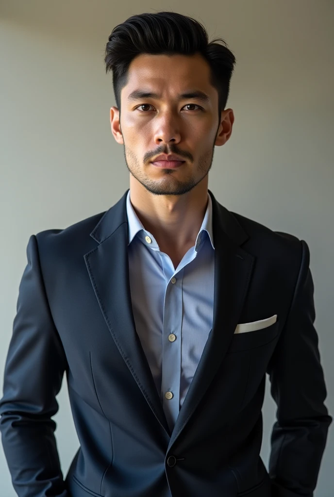 An Italian man,  with black hair brushed to the side , wearing a suit over the shoulders ,  dark brown eyes and that has the physical size of a Formula 1 pilot, pale skin and no beard