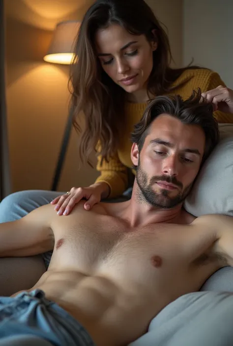 a photo of a 24-year-old European woman, Fucking a 45-year-old man on his couch,  SHE IS ON TOP OF HIM , He pulls his hair