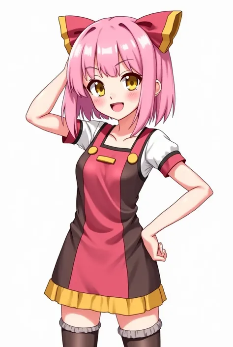  Ultra HD,  top quality,  a drawing of a white-skinned woman with smooth pink hair of medium size and with two bows,  yellow eyes,  pink and brown clothes with yellow black and white details , with a lively and outgoing personality in a dynamic pose  