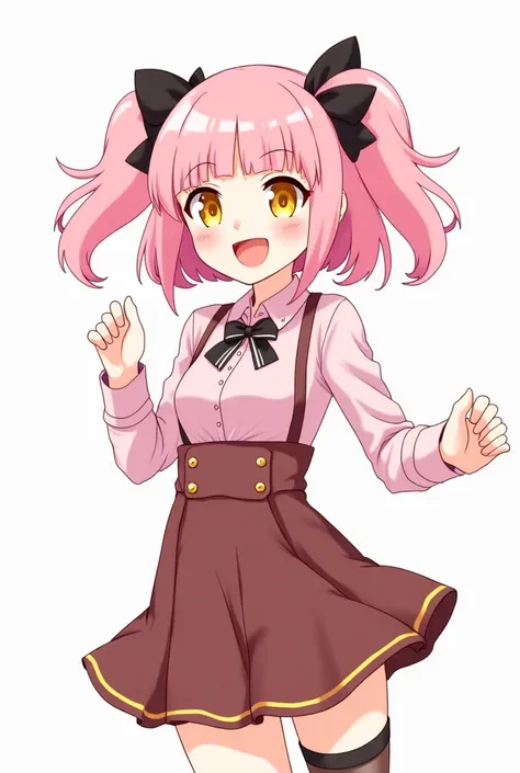  Ultra HD,  top quality,  a drawing of a white-skinned woman with smooth pink hair of medium size and with two bows,  yellow eyes,  pink and brown clothes with yellow black and white details , with a lively and outgoing personality in a dynamic pose  