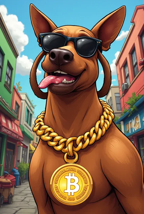 Create Snoopdog for me in a dog cartoon style, With the necklace in the shape of bitcoin