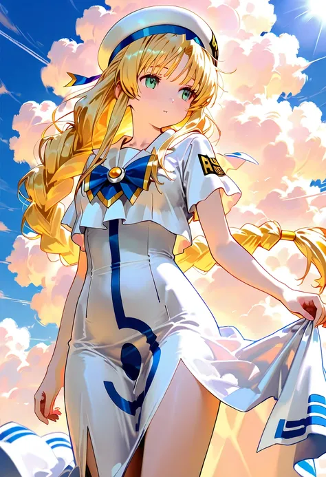 alicia, blond hair, single braid, aria company uniform, beret, blouse, bowtie, brooch, sailor collar, short sleeves, long dress, dress, side slit, sunshine , Cumulonimbus clouds, blue sky