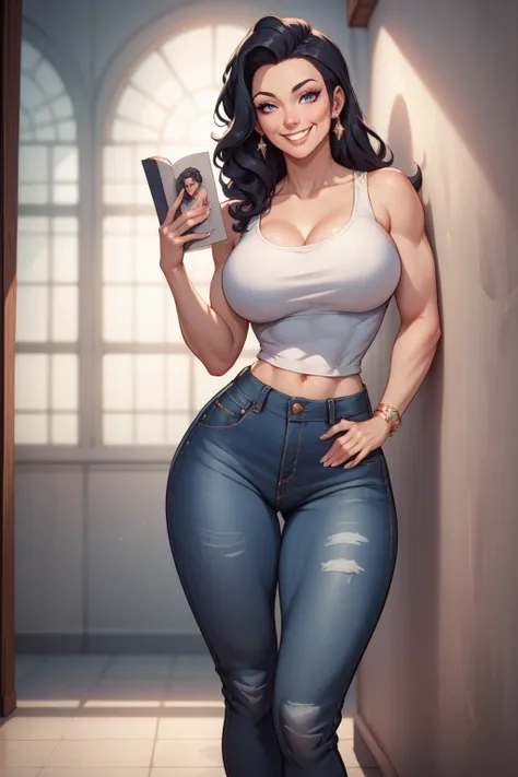 (((beautiful looks))) (((best quality))) (((HD))) (((8k))) (((extreme detail))), character design sheet. a confident, curvy 40 years old woman leaning casually against a wall. She has long black hair, wearing a fitted white tank top and dark blue high-wais...