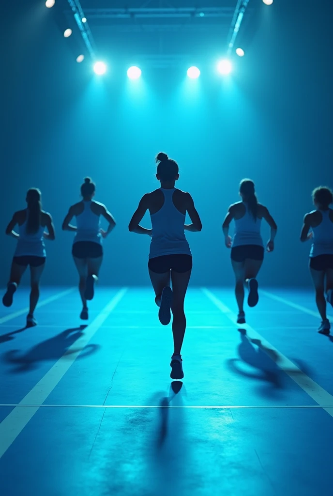  realistic image, 6 people,  women and men running,  with his back to the camera, , Intense blue stage ,  with white lines,  spotlights with white lights ,  a smooth intense blue floor ,  with light reflections on the ground 