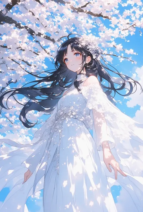 watercolor, ultra detailed beautiful moe anime, beautiful black hair, long hair, straight hair, white lace cape, small smile, The black-haired princess, dressed in a pure white gown, has arrived at the Mito Plum Blossom Festival, where beautiful white plum...