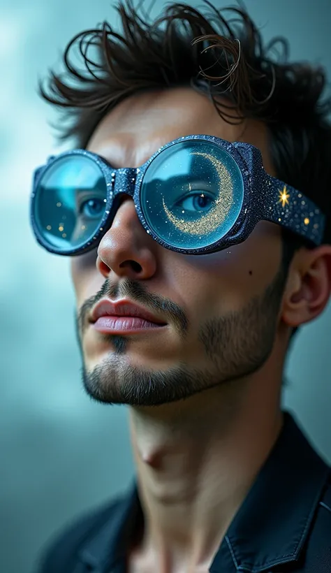 
The model of the man wearing glass sunglasses with stars and the moon on the glass.