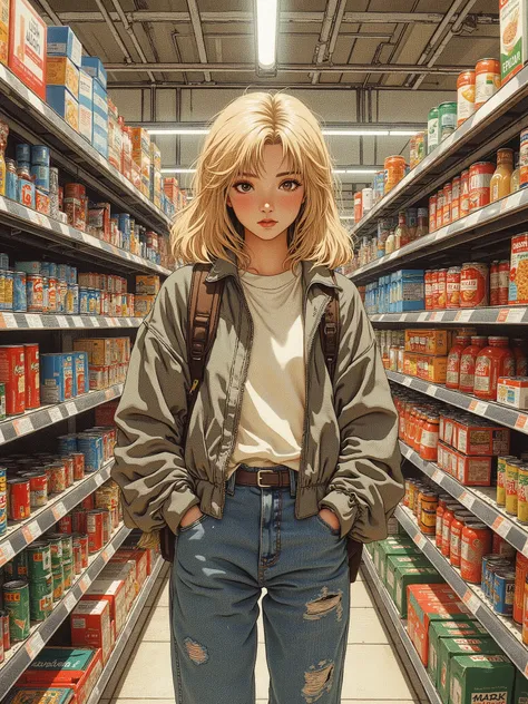 A girl about fourteen years old, with blond hair and brown eyes in a sweatshirt, short jacket and jeans, with backpacks, between rows of goods in the supermarket 