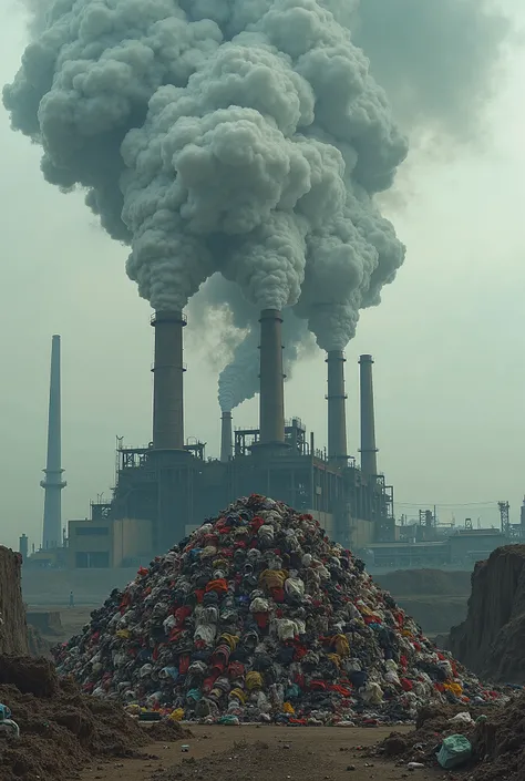 a factory throwing a very complex carbon emissions with pile of clothes in the side and affected surroundings 