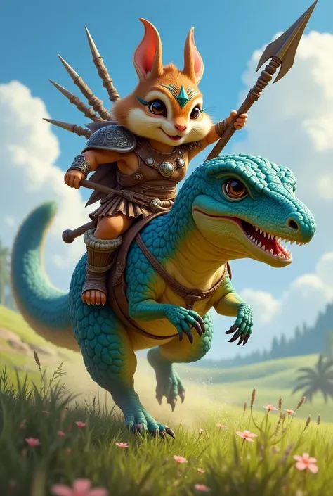 Muscled chipmunk wearing barbarian armor and warpaint. Throwing a rustic javelin at an unseen foe. Riding a blue and green scaled velociraptor across a grassy plain. 