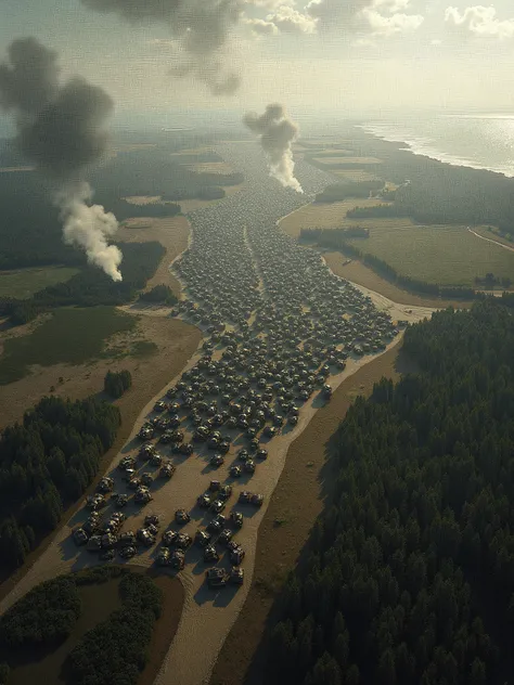 A huge army seen from the sky representing Normandy. War landscape 