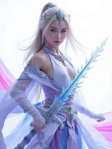 Blonde Asian woman,fiery blue eye, eyes on fire, white, violet,pink,blue Asian clothes,warrior, Asian sword made of ice and snow