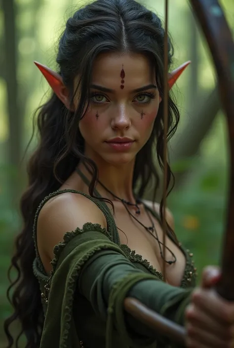 Archer, hunt, elfo, focus, agility, danger,  forest,  creatures, (woman,Sensual)( attention to detail , detailed skin texture ,beautiful skin),( looking at the camera ),(forehead),( bright lips:1.5)( full body)