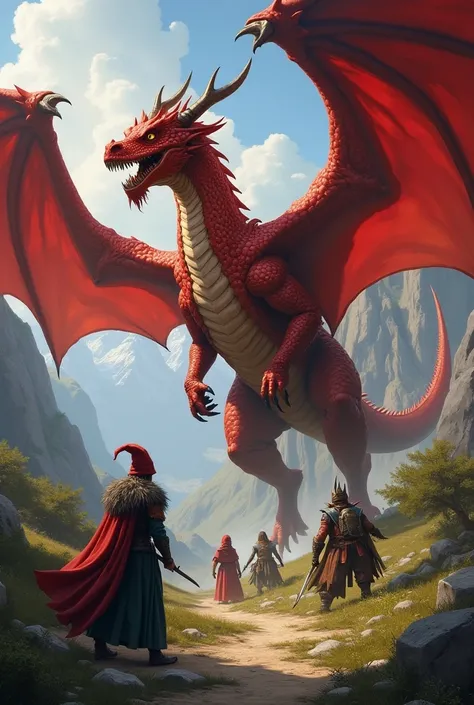 one red dragon based on Dungeons and Dragons, fighting against one squad with a mage, a dwarf, one fairy and another but smaller dragon. I must be a very impressive image, the landscape is a medieval place