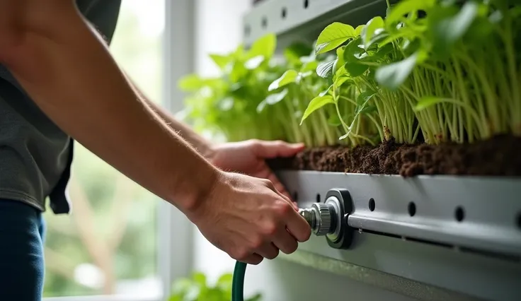  A detailed close-up of hands placing plants on an already installed vertical garden panel.  system The image highlights the substrate being carefully placed around the roots , while an irrigation hose is connected to the . In the background,  a simple, il...