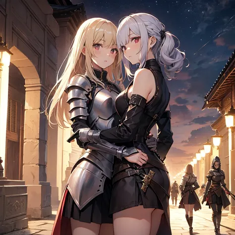 A group of  female knights, (in temple), various hair styles, harem, wearing armored clothes, metal armor, night, details face, short skirt, seducing, sword, sleeveless 