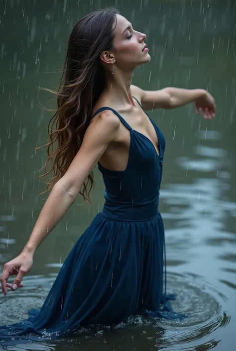 Action freeze-frame (18 years old) Ukrainian ballet dancer girl, detailed, realistic, (dark blue dress), long haired, portrait, dancing on water, elegant, detailed eyes and face traits, raining. Wet hair.