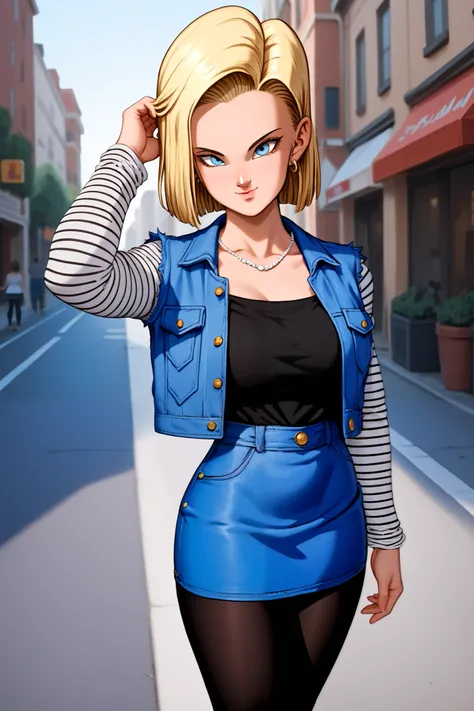  better quality, highres, and18, 1 girl, android 18,  in a sexy pose , Alone ,  blond hair, Blue eyes,  short hair ,  pending, jeweler&#39;s, Denim vest, [ Open Jacket,  black tights ,  black shirt, denim skirt, striped long sleeves, blue skirt,  big breas...