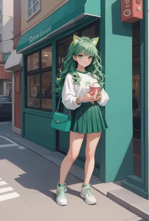 1 girl, green hair, green cat ears, green eyes, loose hair, painted nails, wearing a pleated skirt ,shirt,white sneakers, standing on the street, holding a phone with her right hand and looking at the phone, handbag on her left shoulder, holding a cup with...