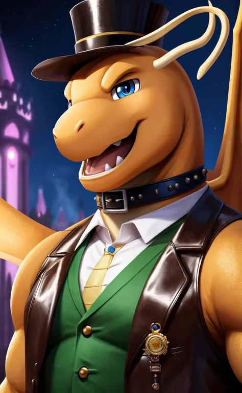 Solo, Male, close up, fat, musclegut, obese, steampunk, 1920s gentleman, dapper Dragonite, tilting head down, blue eyes, wearing a big leather collar around his neck, (soft shading), 4k, hi res, ((detailed face, detailed)), looking at viewer, evil grin, co...