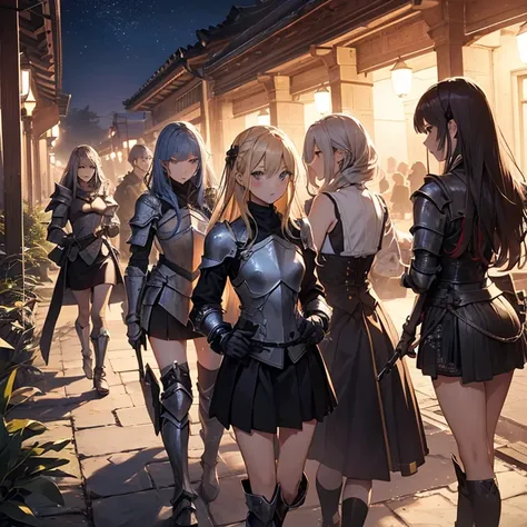 A group of  female knights, (in temple), various hair styles, harem, wearing armored clothes, metal armor, night, details face, short skirt, seducing, sword, sleeveless 