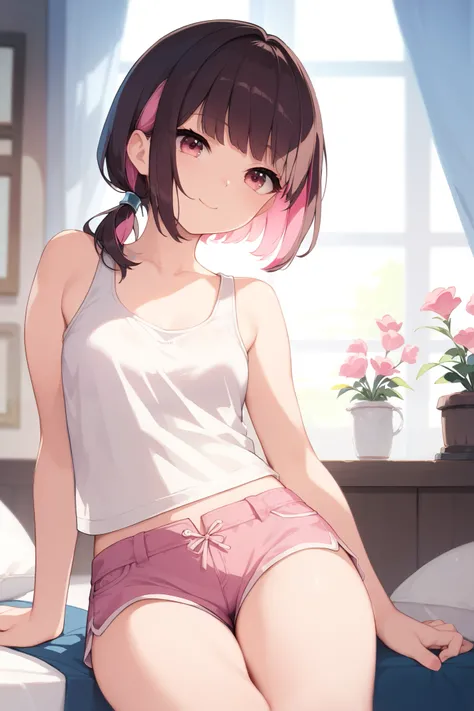 score_9, score_8_up, score_7_up, masterpiece, best quality, 1 cute small girl, cute petite, short hair, dark brown hair, straight hair, straight bangs, fringe, low ponytail, pink highlights, crimson eyes, small boobs, white short tank top, pink shorts, sex...