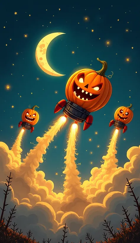 pumpkins on rockets flying to the moon