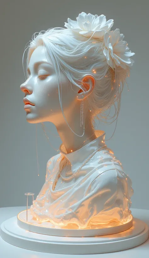  A 3D portrait sculpture is placed on a central pedestal，  simple，  minimalism，  beautiful girl，  Soft Elegant Hues，Colored glass transparent  