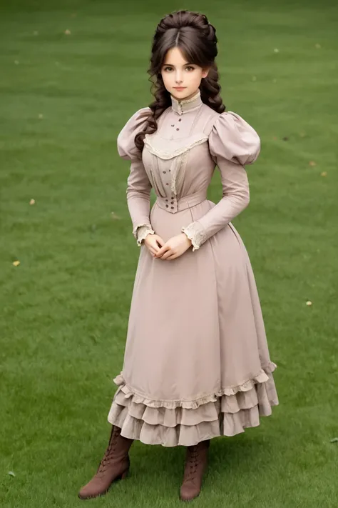 Jessica Lovejoy as a pretty ((10yo brunette)) flirt of the 1890s. Wearing 1890_dr3ss, high-collar pink gown with long puff sleeves, (((knee-length mauve skirt, silk stockings, ankle boots))). Full body. Coquettish smile, (((cherubic face))), seductive glan...