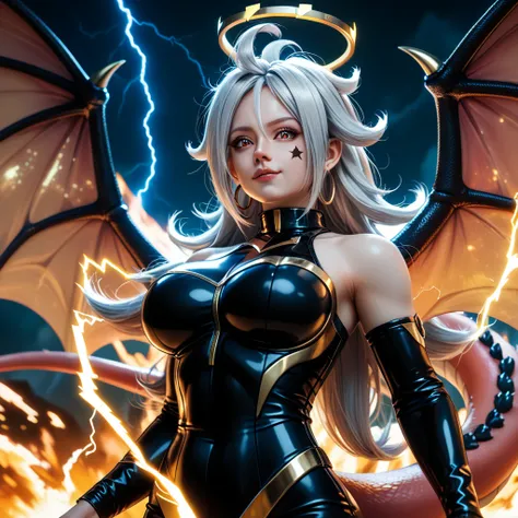 (((majin android 21))), propotional body, ((Gorgeous)), (((Asia young girl face))), ((demon Horns)), ((Black Gear halo)), ((Lightning Power)), ((Electricity)), ((Fire Background)), ((Lightning Storm)), ((Power Erupting)), (((Evil Power))), (((Busty))), (((...