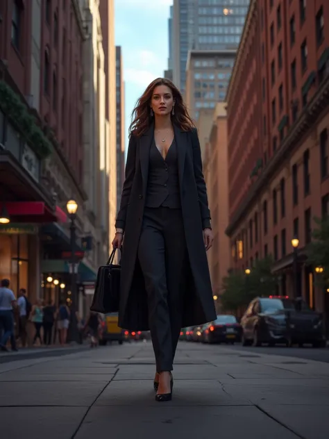 cinematic portrait of Lois Lane donning an Formal Office suite walks in New York city sidewalk going home, Skyscrapers Building, neat alley, sensuous smirk, intricate, frugal, highly detailed, intricate, digital painting, artstation, concept art, smooth, s...