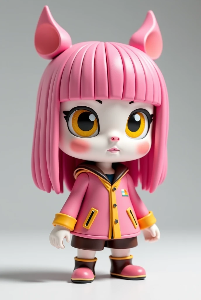  High quality cutlery, design, creative, An adult, white skin, straight and pink hair,  outfit with two bumps on the head,  yellow eyes, A cute pink outfit, brown, with yellow black and white details,  workshop in a dynamic pose  