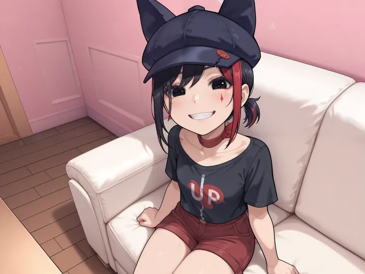 ( maximum resolution,  Very detailed,  Masterpiece,precise,  Masterpiece,Solo , single shots ),(1 girl aged s, black hair, short hair , Ponytail, Side-Faced Hair , Highlights Bright Red Hair ,Black eyes, Wearing a Black Eared Cap, black shirt, red shorts,A...