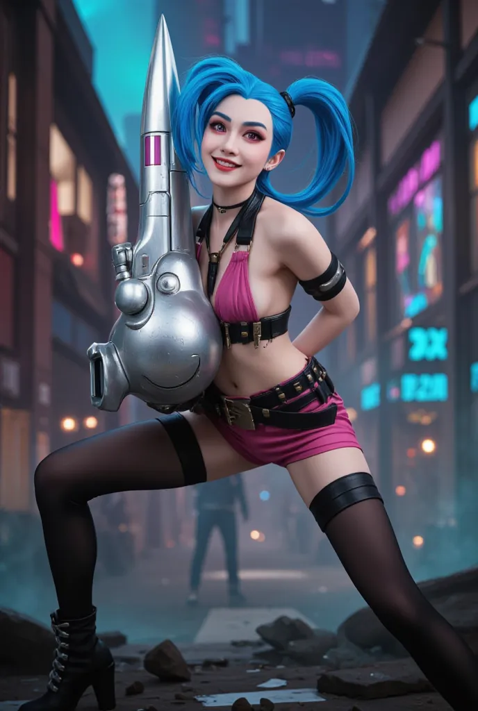 jinx league of legends, detailed eyes, firing a rocket launcher