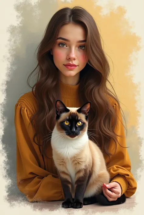 Create a drawing image of a girl  (literature teacher) with long brown hair and brown eyes accompanied by her white Siamese cat Tibby with yellow and gray brushstrokes