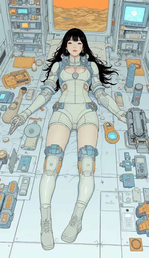 live-action、Genuine、A very beautiful JaPanese woman in a light blue and beige sPacesuit、Woman lying on a Pure white floor、 has multiPle boards glued together on the white floor .、  joints glow blue 、whole body、 woman lying on the floor 、Objects Placed arou...