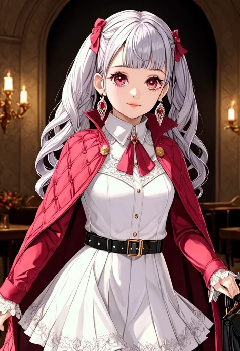 ((best quality)),((highly detailed)),masterpiece,absurdres,detailed face,beautiful face,(detailed eyes, deep eyes),(1girl),((dynamic pose)),  Noelle, pink eyes, smile, twintails, capelet, belt, closed mouth, solo, skirt, long hair, silver hair, long sleeve...