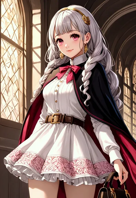 ((best quality)),((highly detailed)),masterpiece,absurdres,detailed face,beautiful face,(detailed eyes, deep eyes),(1girl),((dynamic pose)),  Noelle, pink eyes, smile, twintails, capelet, belt, closed mouth, solo, skirt, long hair, silver hair, long sleeve...