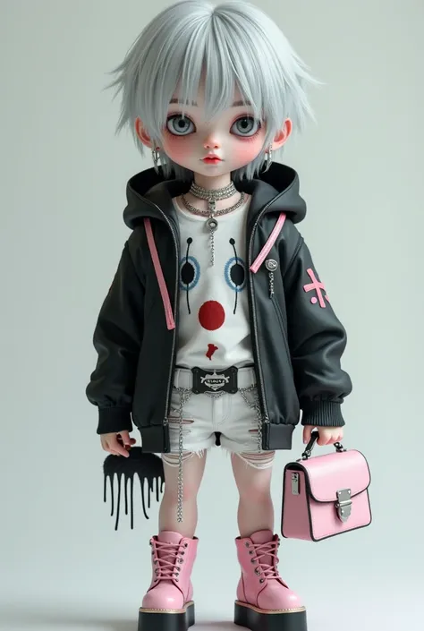 Gothic doll,  boy, gray eyes, silver hair, silver cross earrings, white top with clown pattern, silver belt with chain, black face hooded long-sleeved jacket with pink straps on both sleeves, hat On the head, white shorts with ripped holes, black thigh str...