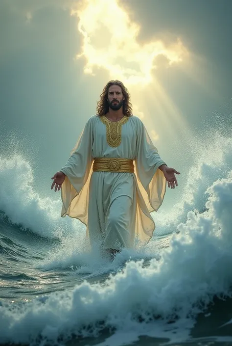 " A sacred figure similar to Jesus Christ ,  wearing a white tunic with gold details ,  walking over a turbulent ocean . Giant waves surround the figure ,  while the cloudy sky creates a heavenly and dramatic atmosphere.  The soft lighting highlights the f...