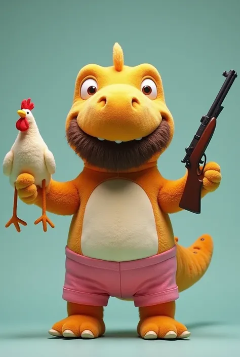 Round rubberized patch of a Chubby, bearded dinosaur slipper doll without a blouse wearing pink shorts and holding a toy chicken in one hand, And in the other hand a rifle pointing upwards