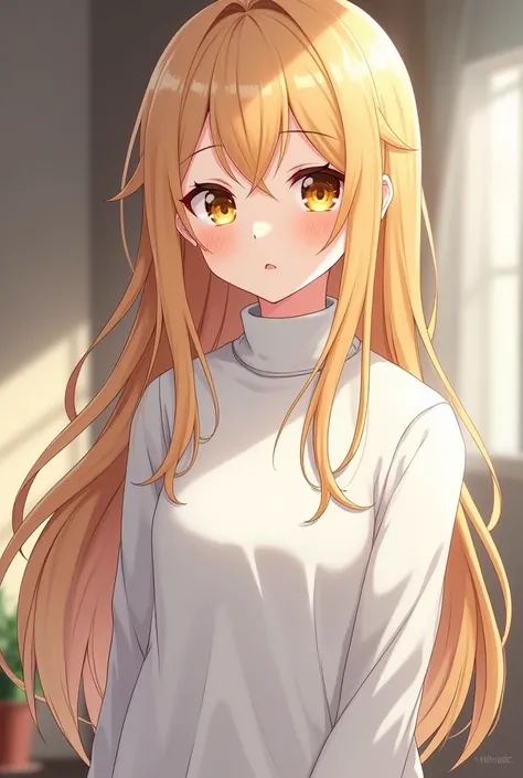 A girl [appearance = " fair skin", " blond hair", " long hair", " yellow-eyed", "height: 165 cm"] [Clothes = " White turtleneck sweater"] ( Environment:  college dorm) digital art, Anime 4k,  Precise,  very detailed, High details,  high resolution sweatshi...