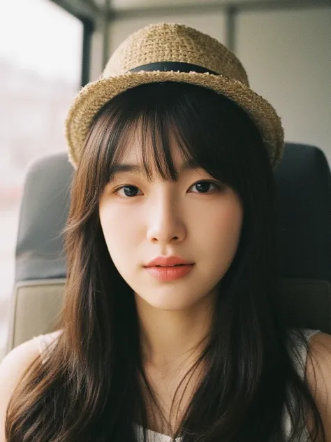 20 years old,   Japanese Girl,  in the seat, (Cynical hat:1.4), smile、 high resolution,   blanking ,   long hair, bangs, 目の間のbangs,  smiles,  open their mouths, 